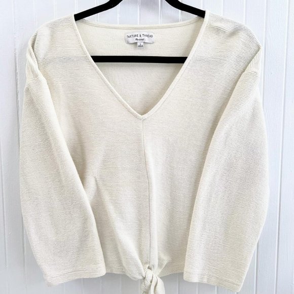 Madewell Women's Cream Texture & Thread V Neck Front Tie Blouse Top Size L - Picture 2 of 4